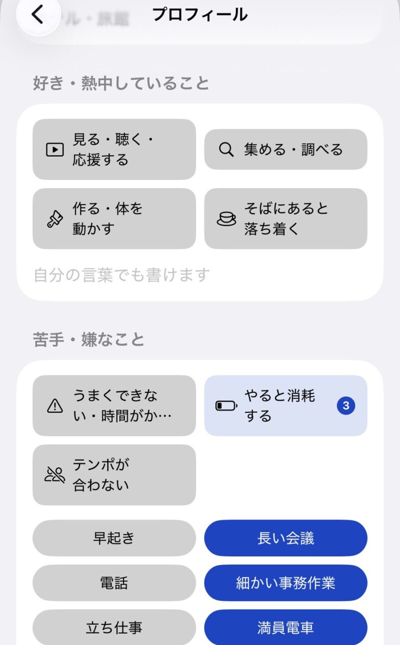 プロフィール登録画面。好き・嫌いなことを選択式で登録する